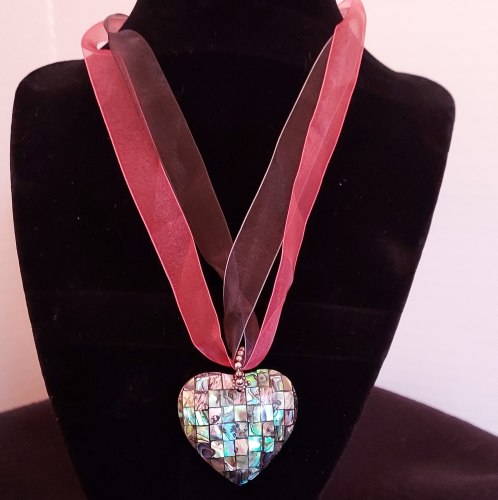 Lg Paua Shell Heart Pendant Ribbon Necklace w Adjustable Chain Marked SX925 THIA